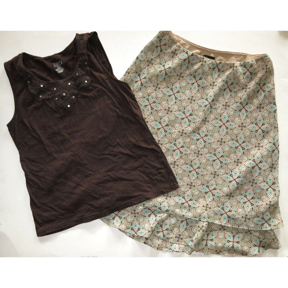 Merona women's skirt outfit L crochet tank top shirt D.F.A. New York brown blue